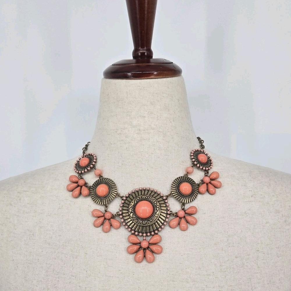 Coral Pink Statement Bib Necklace Antique Bronze Boho Floral Cabochon Beads 14"